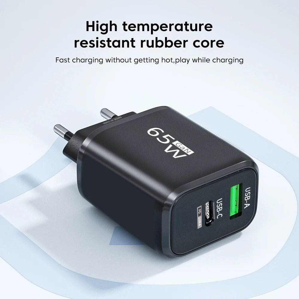 65W GaN Fast Charger Pro – USB-C PD Quick Charge 3.0 Adapter