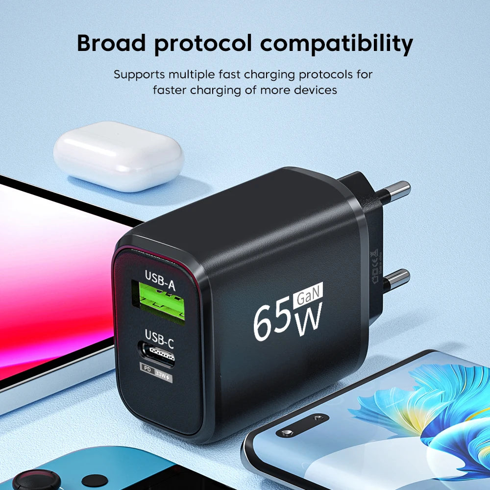 65W GaN Fast Charger Pro – USB-C PD Quick Charge 3.0 Adapter