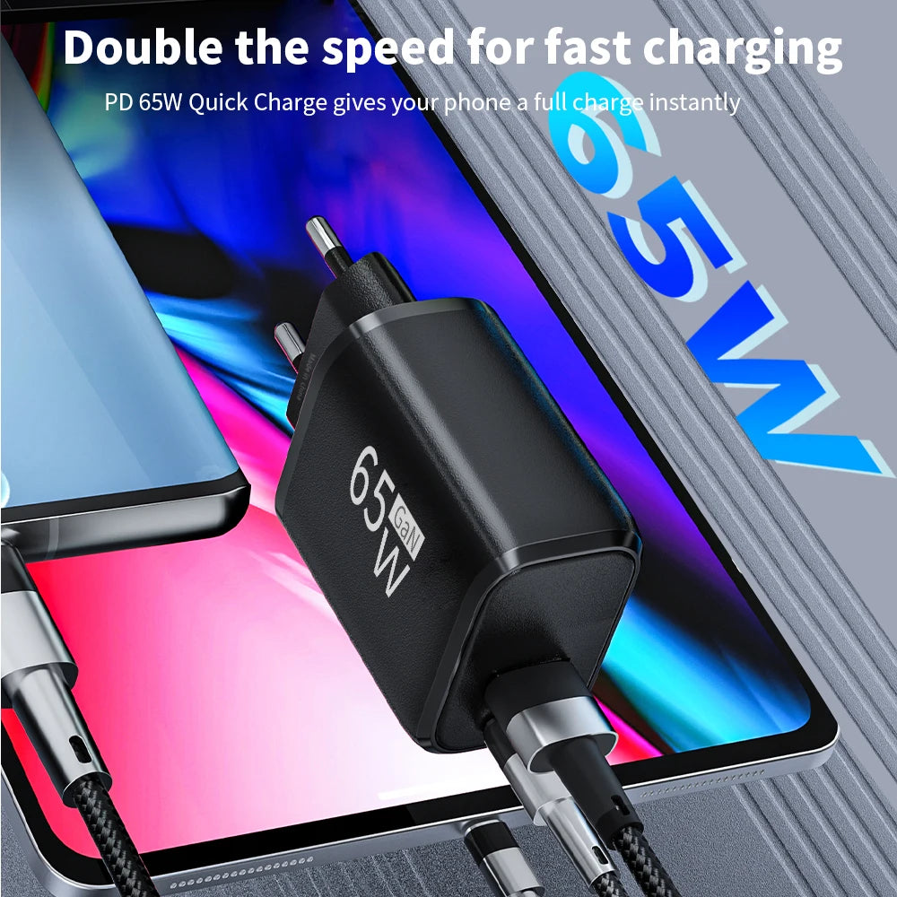 65W GaN Fast Charger Pro – USB-C PD Quick Charge 3.0 Adapter